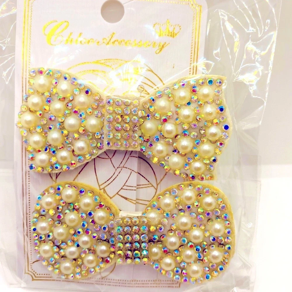 Hair barrette bow faux pearls crystals iri…